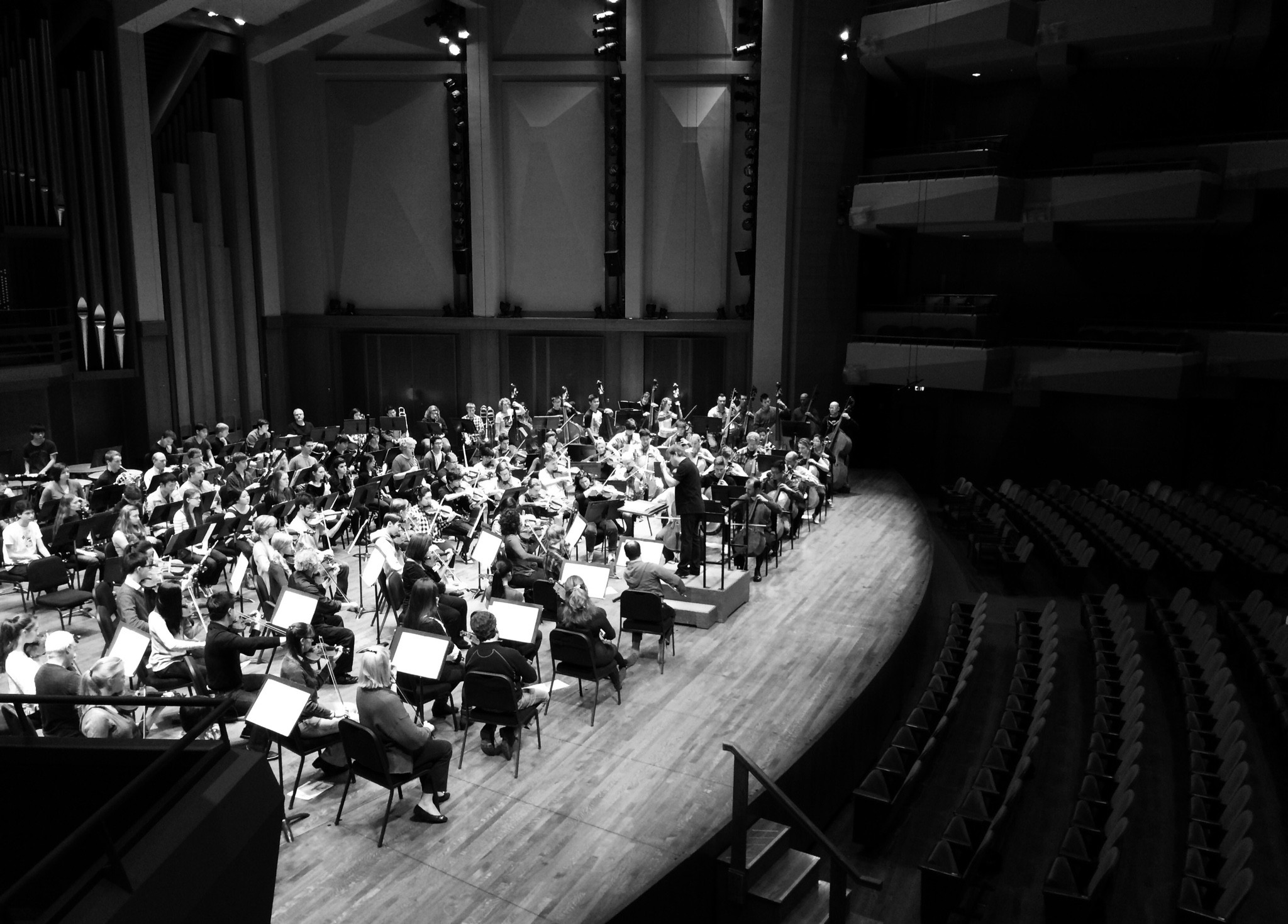 The Seattle Youth Symphony Orchestra and members of the Seattle Symphony rehearse for their side-by-side concert at Benaroya Hall in January 2015.